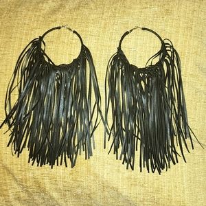 Black Sassy Jones Dina Genuine Leather Fringe Hoops